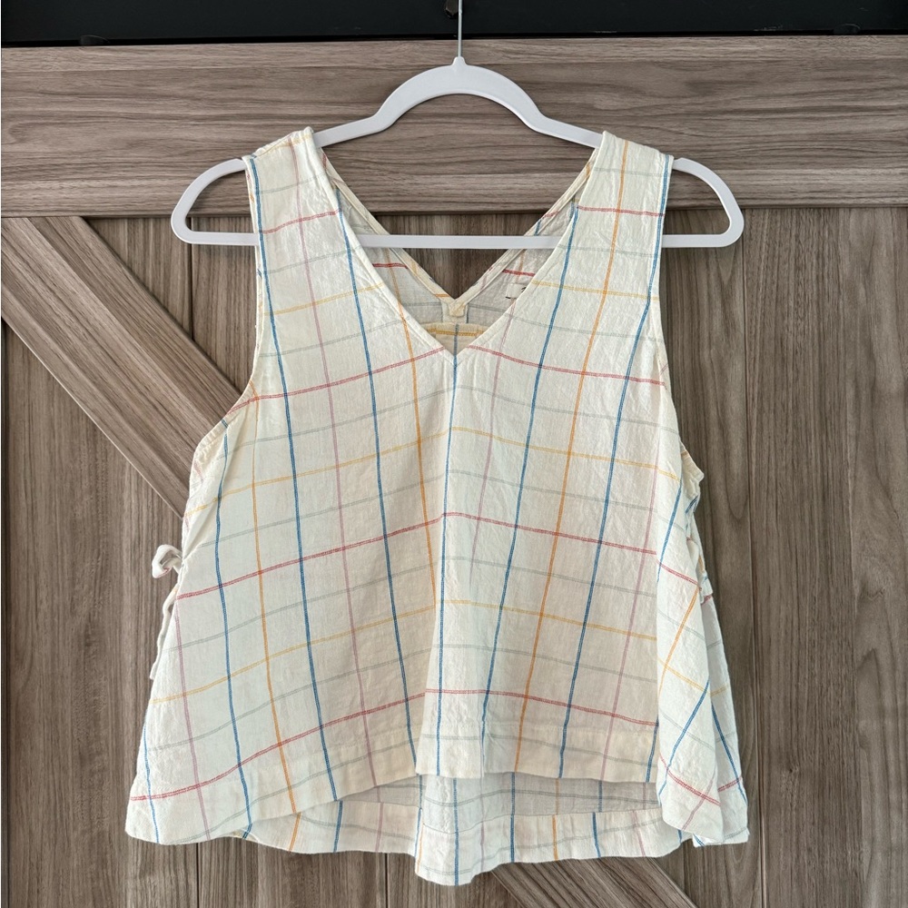 Madewell Cream Plaid V-Neck Tank with Side Ties